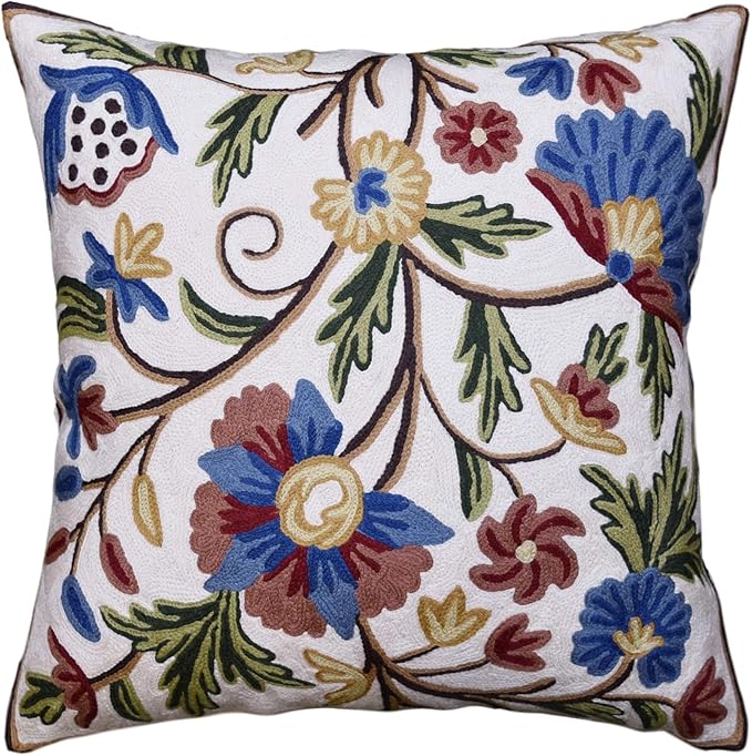 Dahlia Floral Pillow Cover - Cream Flower Pillowcase - Outdoor Cushion - Suzani Farmhouse Chair Throw - Traditional Chair Cushions - Hand Embroidered Wool Size - 18x18