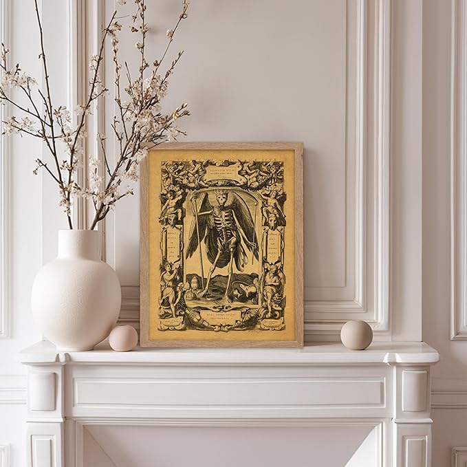 Poster Master Vintage Medieval Poster - Retro Gothic Print - Gift for Artist, Friend - Angel of Death, Memento Mori, Life, Skeleton, Dark - Wall Decor for Home, Living Room, 8x10 Beige Framed