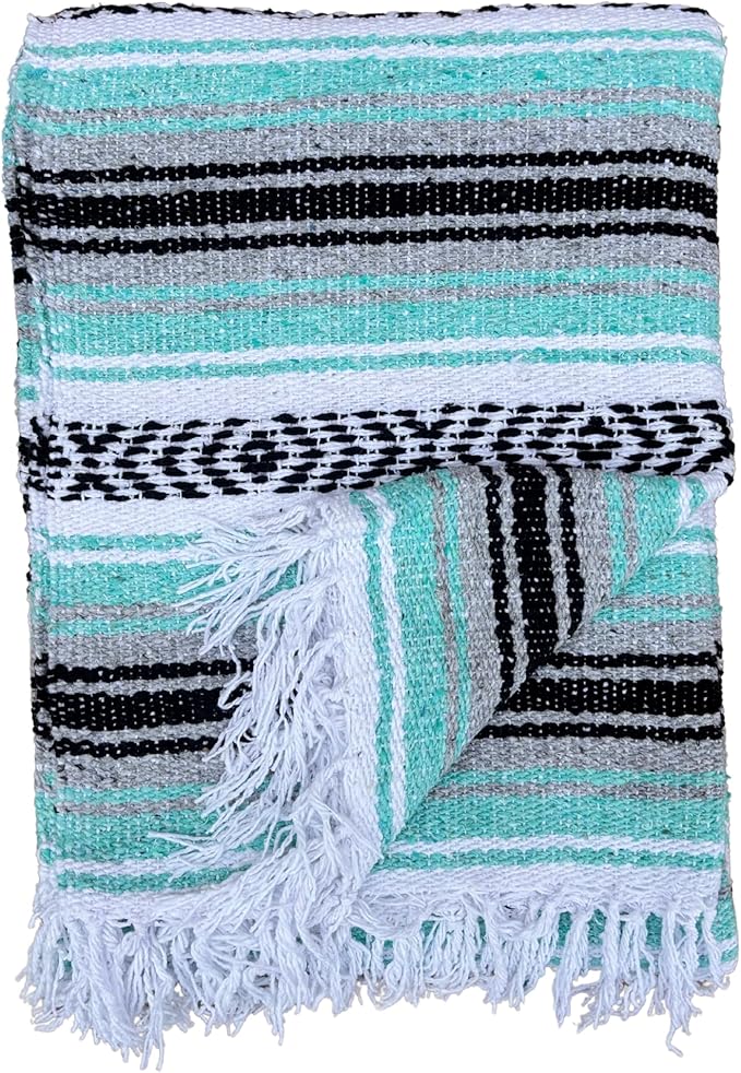 Del Mex Classic Mexican Blanket, Large Authentic Woven Falsa Throw (70"x50"), Artisan Southwest Décor for Beach, Yoga, Outdoors (Mint/Gray)