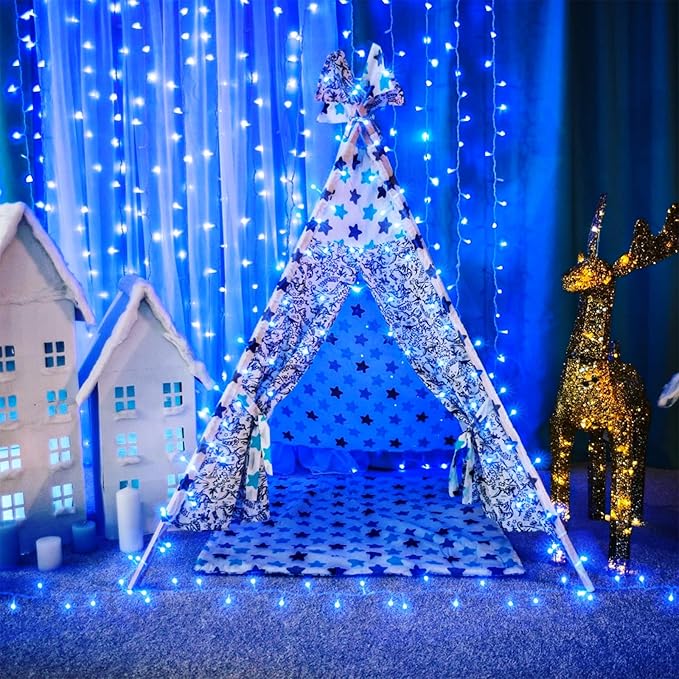 120 LED Blue Christmas Lights Outdoor, 40ft Clear Wire Blue String Lights 8 Modes, Plug in Waterproof Fairy String Light for Indoor Christmas Tree Bedroom Decorations