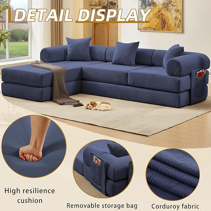 107" Oversized Convertible Sleeper Sofa Bed, Corduroy L Shape Sectional Couch, Folding Sofa Bed with Side Pocket, Modern Cloud Floor Mattress Couch,Modular Sofa for Living Room,Dark Blue