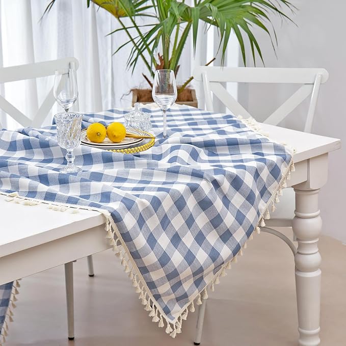 Checkered Tablecloth Rectangle, Heavy Weight Cotton Gingham Table Cloth Plaid Table Cover for Spring Summer Picnic Kitchen Dinner Restaurant Outdoor Easter Party（55x84,Blue