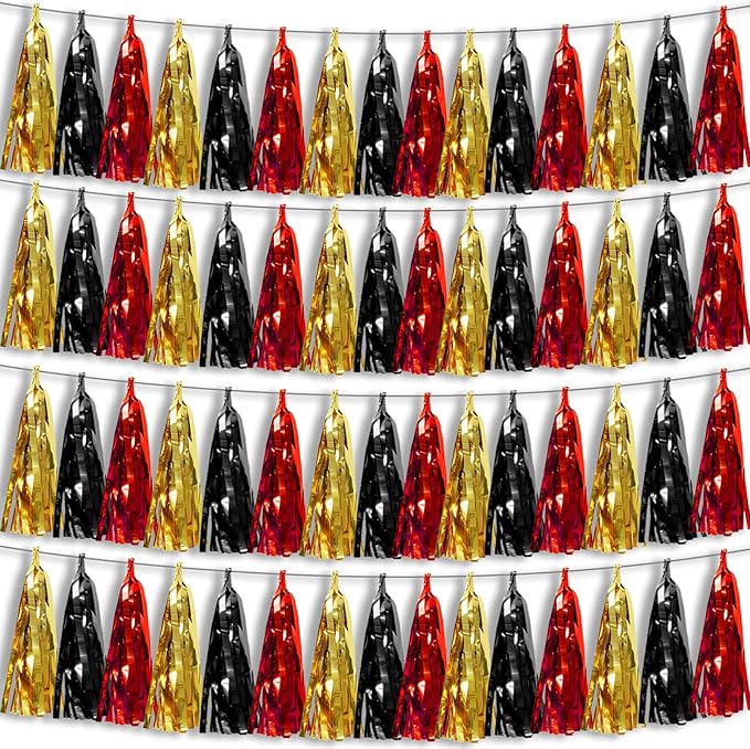4P Black-Red Gold Foil Fringe Metallic Tassel Garland, Tassels Banner Streamers for Parade Floats, Bachelorette, Wedding, Birthday, Halloween, Christmas, Bridal/Baby Shower Party Decorations