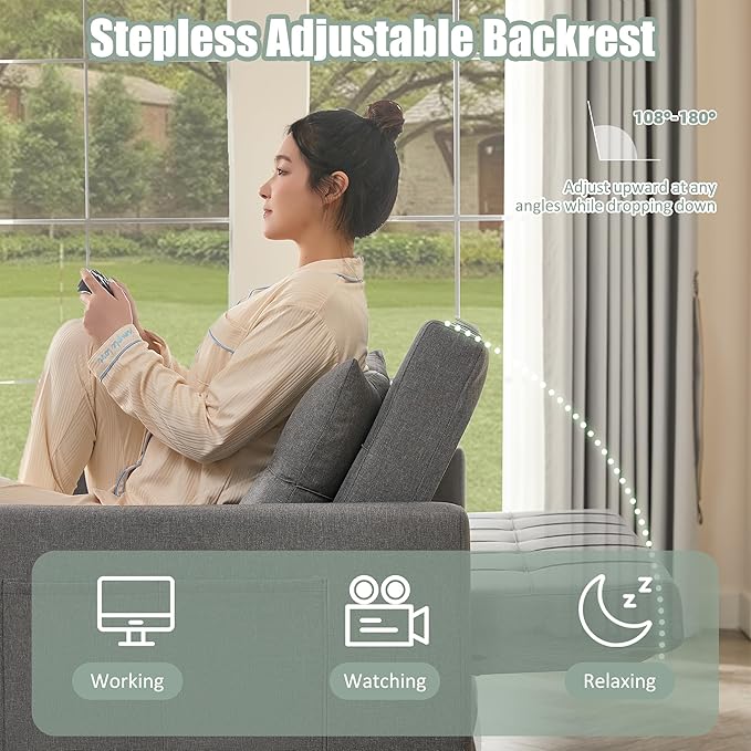 52" Sleeper Sofa with Pull-Out Bed, 3-in-1 Convertible Sofa Bed, Loveseat with Stepless Adjustable Backrest and Side Pocket, for Living Room Dorm Apartment, Linen, Light Gray