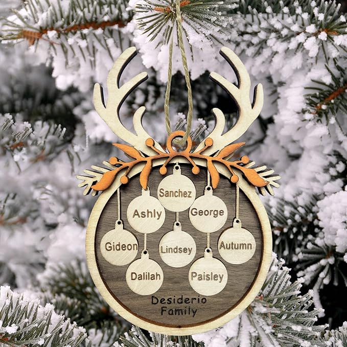 2025 Personalized Christmas Ornaments Family of 2/3/4/5/6/7/8,Custom Reindeer Christmas Wooden Ornaments Deorations with Names,Customized Xmas Ornament Tree Deorations,Personalized