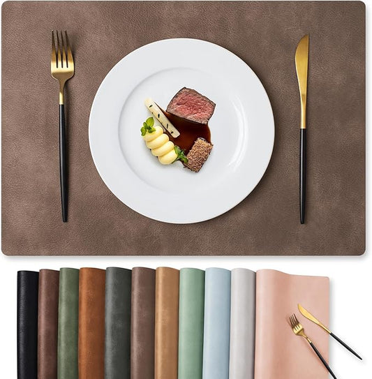 MOSAYT Vinyl Placemats Set of 6-12 X 17 Inch - Faux Leather 100% Waterproof Oil-Proof Wipeable PU Place Mats, Heat Resistant Reversible Table Mats for Kitchen, Dining, Outdoor (Brown)