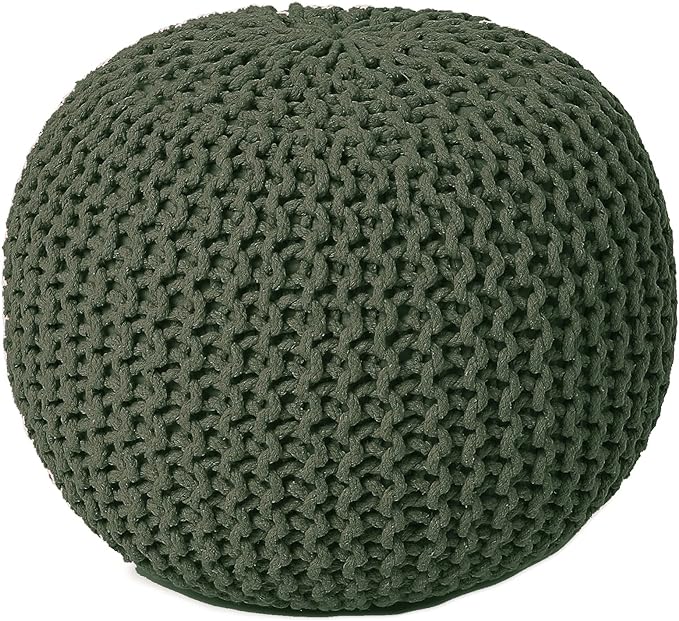 REDEARTH Round Hand Knitted Pouf - Foot Stool Bean Bag Ottoman - Cord Boho Pouffe - Poof Accent Beanbag Footrest for Living Room - Bedroom - Patio - Lounge (19.5"x19.5"x14") - Olive