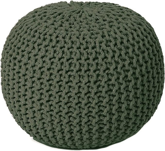 REDEARTH Round Hand Knitted Pouf - Foot Stool Bean Bag Ottoman - Cord Boho Pouffe - Poof Accent Beanbag Footrest for Living Room - Bedroom - Patio - Lounge (19.5"x19.5"x14") - Olive