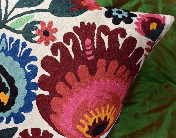 Polish Floral Decorative Pillow Cover Hand Embroidered Cream Flower Pillowcase White Botanical Traditional Outdoor Cushion Suzani Chair Pillowsham Couch Wool 18x18 Inch