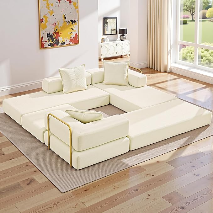 108" Oversized Convertible Sleeper Sofa Bed, Corduroy L Shape Sectional Couch, Folding Sofa Bed with Side Pocket, Modern Cloud Floor Mattress Couch, Modular Sofa for Living Room, Beige