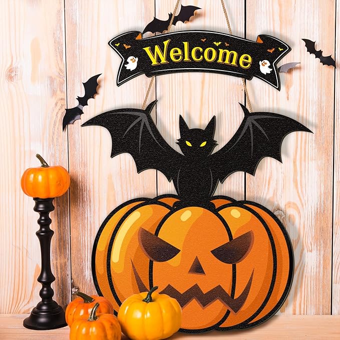Halloween Door Wreath,Halloween Wall Decorations Wooden Black Bats Pumpkin Halloween Wreaths for Front Door, Halloween Door Decorations Indoor Outdoor Sign