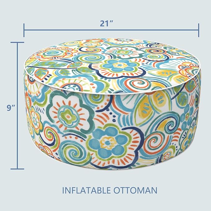 LVTXIII Outdoor/Indoor Inflatable Stool Ottoman, All Weather Patio Footrest Pouf, Portable Round Ottoman for Patio Garden, Camping or Home, D21xH9 Inches, Flower Blue
