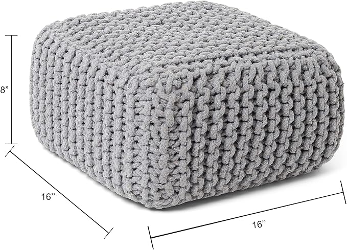 REDEARTH · Cube Low Pouf Foot Stool Ottoman - Hand Knitted Poof - Cord Boho Pouffe - Home Décor - Stuffed Footrest for Living Room - Nursery - Bedroom - Patio (16" x 16" x 8") - Light Gray