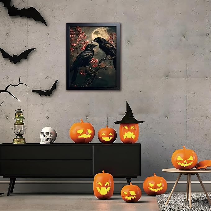 Black Wood Framed Halloween Canvas Wall Art Painting, Vintage Black Crow Cherry Blossom Wall Decor Picture, Dark Academia Gothic Poster Print Photo for Living Room Bedroom Office Decor 12x16 Inch