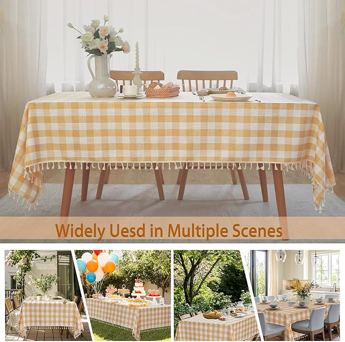 JIALE Gingham Tablecloth Rectangle Cotton Linen Fabric Checkered Table Cloth with Tassel Washable Wrinkle Free Buffalo Plaid Table Cover for Outdoor Party Picnic Kitchen Dining, Yellow,55x120