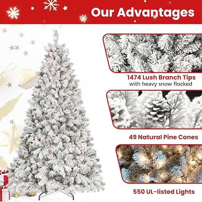 8 ft Flocked Snow Frosted Artificial Christmas Tree with 700 UL Lights & Pine Cones, 1754 Tips, Auto Hinged Easy Setup Full Prelighted