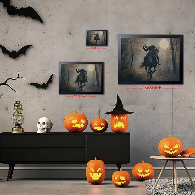 Black Wood Framed Halloween Canvas Wall Art Painting, Headless knight holding a pumpkin lantern Wall Decor, Vintage Dark Academia Gothic Poster Print, for Living Room Bedroom Office Decor 8x10 Inch