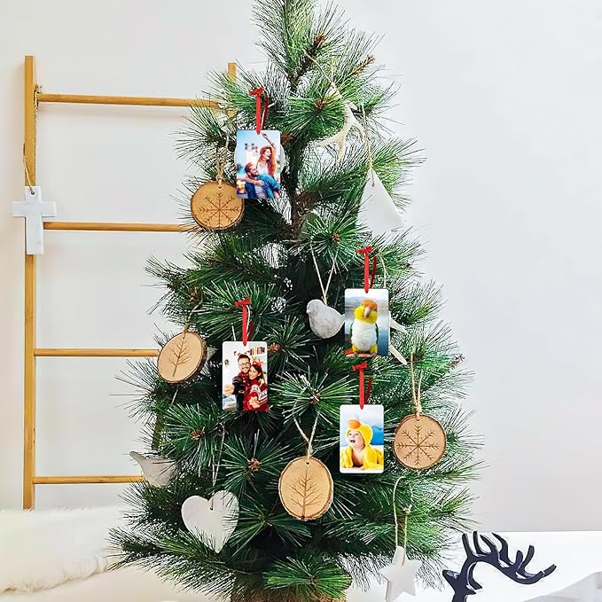 4 Pack Personalized Christmas Ornaments 2025 Wood Custom Photo Text Hanging Ornament for Christmas Tree Decorations, First Christmas Engaged/Married, New Home, Baby's First Christmas, Memorial