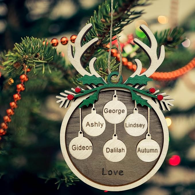 2025 Personalized Christmas Ornaments Family of 2/3/4/5/6/7/8,Custom Reindeer Christmas Wooden Ornaments Deorations with Names,Customized Xmas Ornament Tree Deorations,Personalized Xmas Gifts