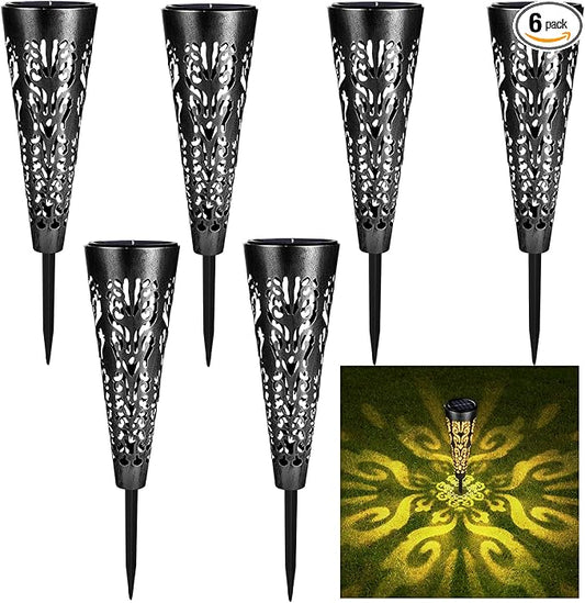 pearlstar Solar Lights Outdoor Garden Decorative Pathway Lights Waterproof Unique LED Solar Stake Lights for Patio Yard Walkway Driveway Landscape Decor, Conical, Warm Lights, Black-6pack