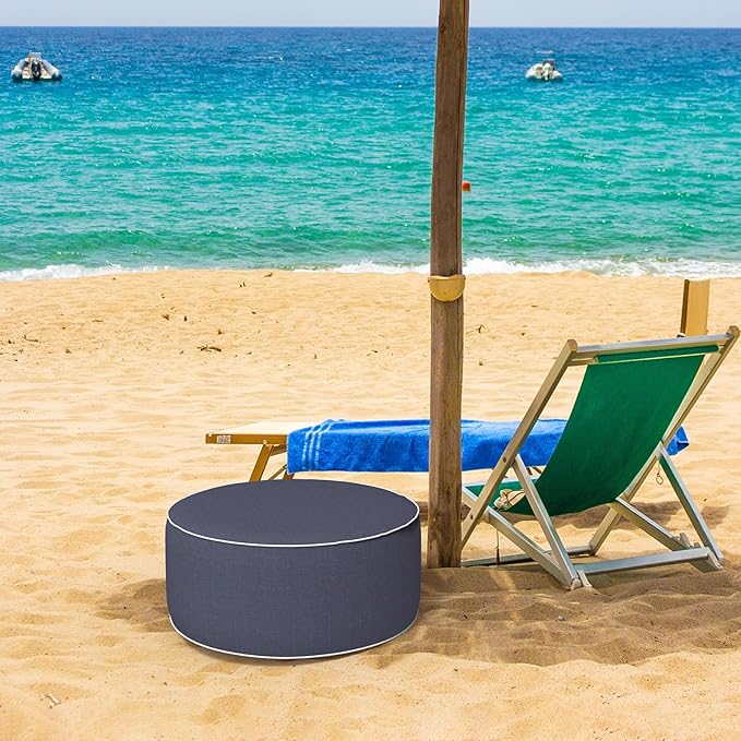 Inflatable Ottoman Stool D21 xH9 for Outdoor/Indoor Use, Water Repellent Patio Foot Rest Stool with Portable Handle,Round Pouf Ottoman Suitable for Garden,Deck and Camping - Textured Navy