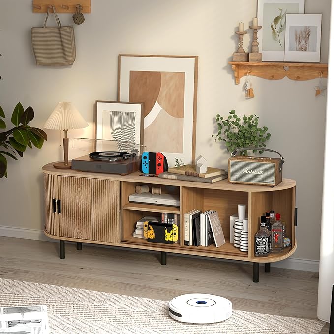 62" Tambour Door TV Stand,Wood Mid Century Modern TV Cabinet for Up to 75“ TV,Curved Edge Long TV Stand with Storage for Bedroom Living Room (Natural, 62.2inch)