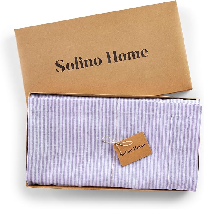 Solino Home Linen Striped Tablecloth 60 x 120 Inch - 100% Pure Linen Lavender and White Table Cloth for Rectangle Tables - Narrow Stripe, Machine Washable Tablecloth for Fall, Autumn, Thanksgiving