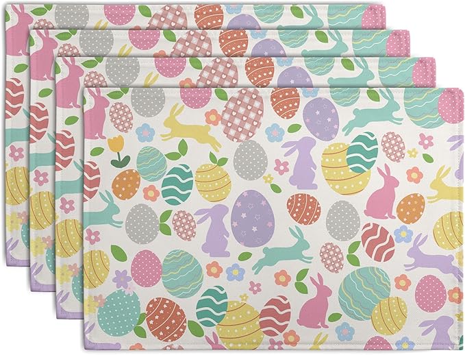 Easter Eggs Bunny Floral Placemats Set of 4 Watercolor Egg Floral Place Mat 12x18 Inch Seasonal Spring Colorful Washable Linen Table Mats for Party Kitchen Dining Outdoor Indoor Decor