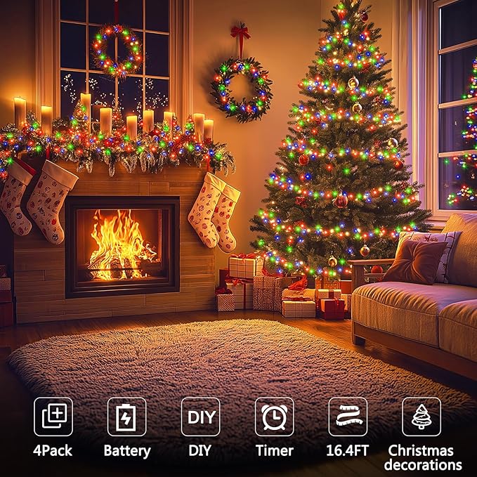 4 Pack Christmas Fairy Lights Battery Operated, 16.4FT 50 LED Dark Green Wire Twinkle Lights with Auto Timer Waterproof, Outdoor String Light for Indoor Outdoor Bedroom Yard Decor (Multicolor)