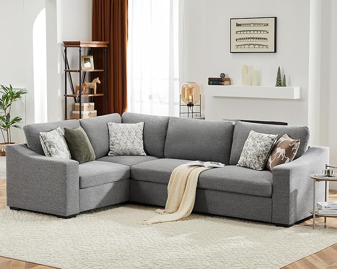 112" Convertible Sectional Sofa, Large L Shaped Couch with Detachable Sofa Cover, Modular Couch for Living Room, Breathable Linen Fabric Corner Sofa for Apartment, Grey