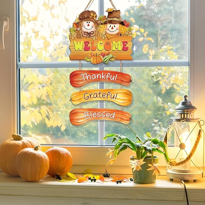 BWFY Fall Decorations for Home Thanksgiving Signs Autumn Home Decor Wooden Farmhouse Thanksgiving Decoration Indoor Harvest Sign Door Hanger for Outdoor Farmhouse Porch Front Door