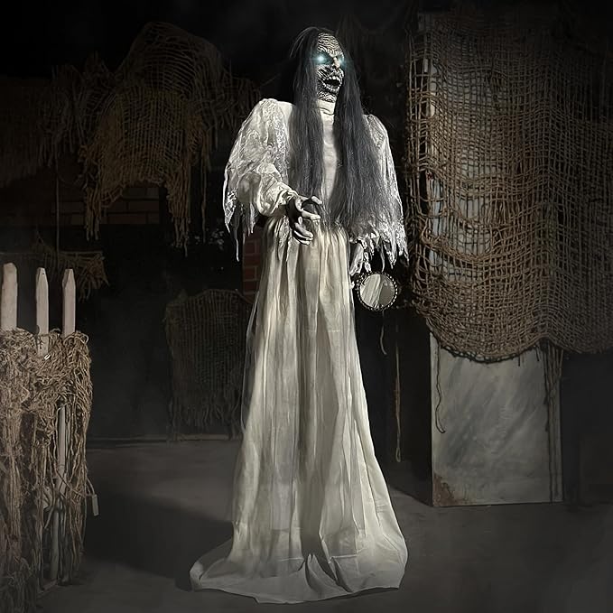 Haunted Hill Farm Lifesize Scary Haunted Woman Halloween Prop with Touch Activated Lights and Sound, Battery-Operated Indoor or Covered Outdoor Halloween Decoration