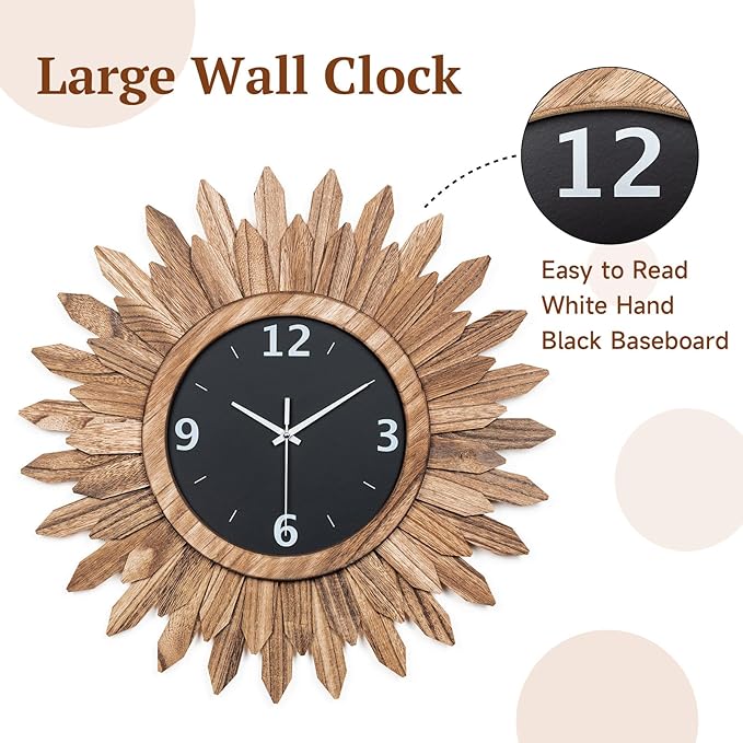 Honiway 14 Inch Wall Clock, Rustic Wood Boho Sunburst Decorative Wall Clocks Battery Operated Silent Non Ticking Farmhouse Small Wall Clocks for Living Room Kitchen Bedroom Home Decor (Rustic Brown)