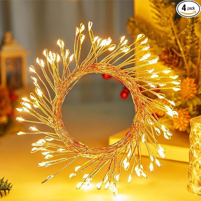 Outdoor Fairy Lights Battery Operated, 4 Pack Twinkle String Light with Remote, 5 Feet 60 LED Firecracker Starry Light for DIY Wreath Home Wedding Party Bedroom Mason Jar Holiday Christmas, Warm White