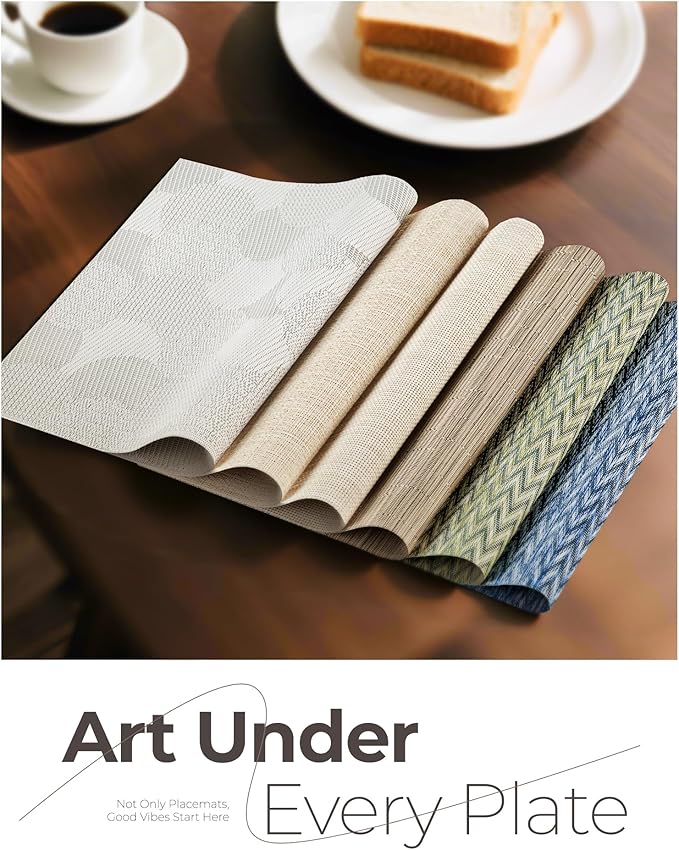 Leetaltree Light Brown Placemats Set of 12 - Heat Resistant Non-Slip Place mats for Dining Table, Washable Durable PVC Vinyl Woven Table Mats（Light Brown, 12）