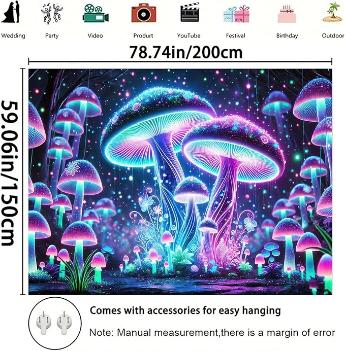 Starlit Patio Blacklight Mushroom Tapestry UV Reactive Trippy Glowing Wall Hanging Tapestry for Bedroom Living Room Dorm Aesthetic Psychedelic Forest Decor Fluorescent Poster Large 78 x 59 Inch