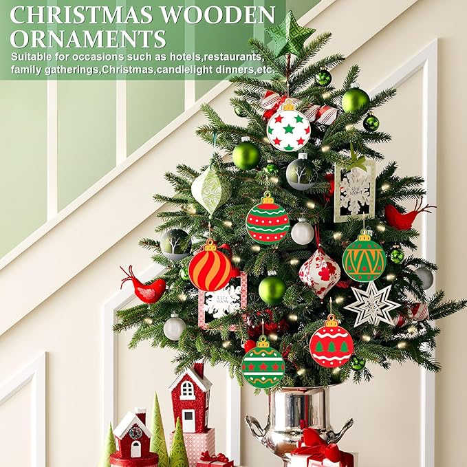 80PCS Wooden Christmas Ornaments to Paint, 8 Styles DIY Blank Unfinished Wood Christmas Ball Christmas Decoration Cutouts Ornament for Crafts Winter Hanging Decorations