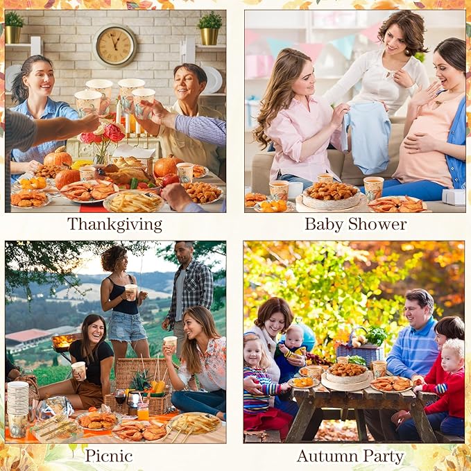 350 Pcs Thanksgiving Fall Party Supplies Maple Leaf Dinnerware Set Disposable Plates Napkins Paper Cups Plastic Cutlery for Autumn Thanksgiving Harvest Party Decor Serves 50(Pumpkin)