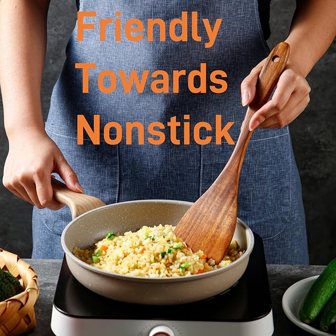 6 PCS Wooden Spoons for Cooking - Teak Wooden Cooking Utensils Set with Holder - Non-Stick, Soft Grip, Ergonomic Design - Natural Finish