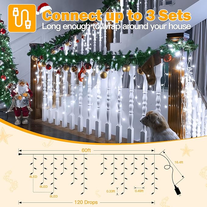 Ollny Icicle Lights for Outside 720LED 60FT, Cool White Christmas Lights with Remote 8 Modes Dimmable, Waterproof Connectable Timer Hanging Light for House Outdoor Yard Indoor Decorations