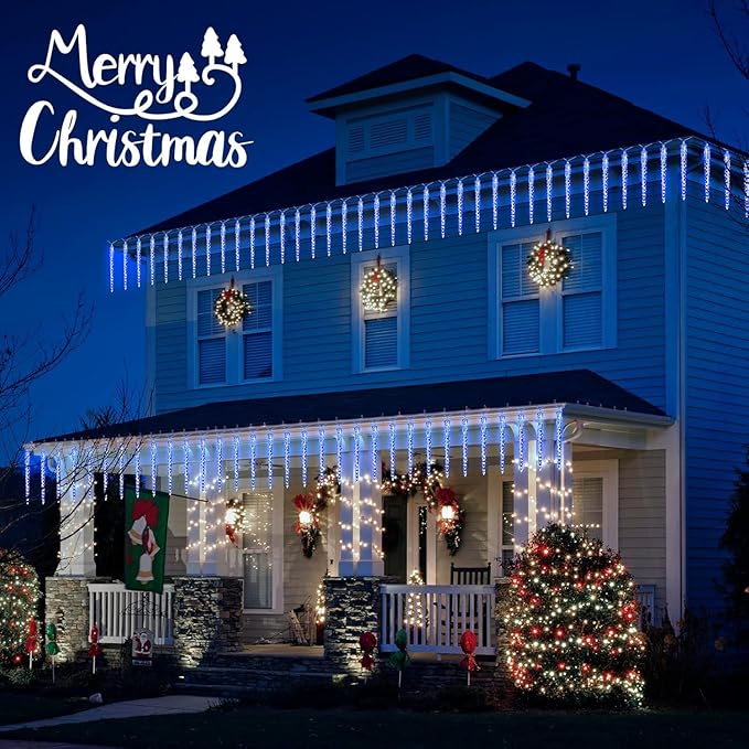 Brightown Christmas Meteor Shower Icicle Lights Outdoor, 30ft with 30 Tube 720 LED Dropping Effect, Waterproof Decorations for House Eave Roofline, Blue