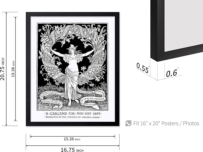 Poster Master Vintage Walter Crane Poster - Retro A Garland for May Day Print - Socialist Art - Gift for Him, Her, Men, Women - Wall Decor for Home, Office, Living Room, 16x20 Black Framed