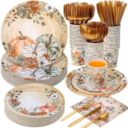 350 Pcs Thanksgiving Fall Party Supplies Dinnerware Set Disposable Plates Napkins Paper Cups Plastic Cutlery for Autumn Thanksgiving Harvest Party Decor Serves 50 (Pumpkin Floral)