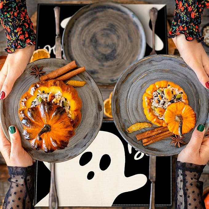Halloween Ghost Placemats Black Cute Ghost Boo Table Mats 12 x 18 Inch Trick or Treat Kitchen Place Mats for Party Home Dining Table Decoration, Set of 4