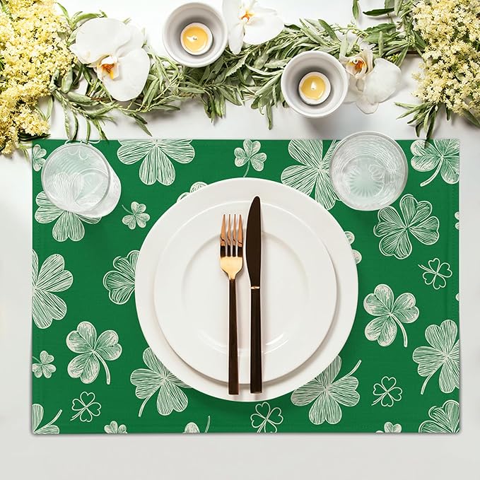 St. Patrick's Day Placemats Set of 4 Spring Holiday Green Shamrock Washable Non-Slip Heat Resistant Place Mats 12x18 Inch Rustic Linen Table Mats for Kitchen Dining Party Decor