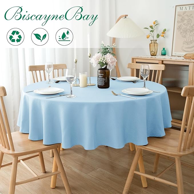 Biscaynebay Textured Fabric Round Tablecloths 108", Light Blue Water Resistant Table Cloth Circle Folding Table Covers Linen for Dining, Kitchen, Wedding, Parties etc. Machine Washable