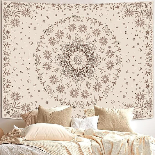 Fowocu Boho Floral Mandala Tapestry Wall Hanging Bohemian Flower Medallion Tapestry Aesthetic Beige Brown Hippie Indian Small Tapestries for Bedroom Living Room Dorm Decor 60 x 44 Inch