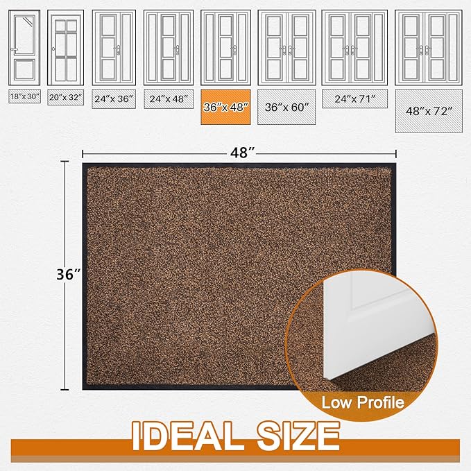 Mibao Front Door Mat, Dirt Trapper Welcome Mat for Outdoor Indoor, Non-Slip Waterproof Doormat, Durable Machine Washable Low Profile Entry Rug for Back Door Outside Patio Porch, 48" x 24", Brown