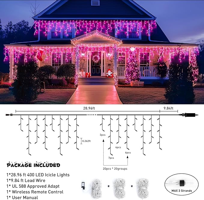 JMEXSUSS 400 LED Pink Christmas Icicle Lights, Connectable Pink Christmas Lights Indoor Outdoor with Remote, Icicle String Light for Room Fireplace Garden Eave Decorations