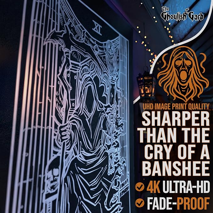 The Ghoulish Garb Justice Tarot Card Tapestry (Black & White) - Grim Reaper - Gothic Halloween Home Decor Wall Hanging (60" x 50")